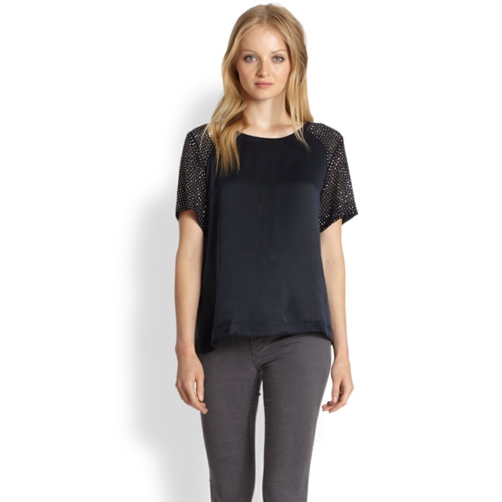 💙 Rebecca Taylor Studded Silk Tee Style Short Sleeve Top